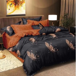 Lenjerie pat dublu (140x200cm, 160x200cm, 180x200cm), bumbac satinat, cearsaf clasic, 4 piese,  Negru, pene Lenjerie pat dublu (140x200cm, 160x200cm, 180x200cm), bumbac satinat, cearsaf clasic, 4 piese,  Negru, pene