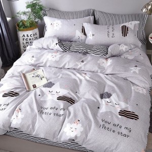 Lenjerie pat 140x200cm, 4 piese, cu ELASTIC,  Gri, stelute, norisori