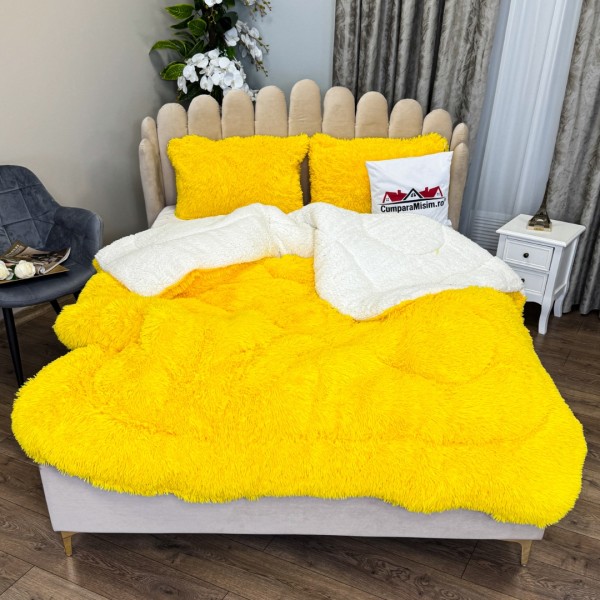  Pilota CoCoLiNo Fluffy, cu Blanita tip Sherpa, Alba, 200x230cm + 2 fete de perna 50x70cm, matlasata, Galben [1]