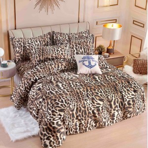 Lenjerie pat dublu,  FINET, 6 piese, cu ELASTIC, Jojo Home, Maro, animal print