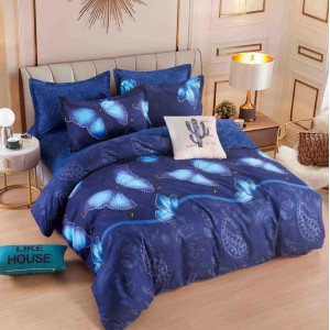 Lenjerie pat dublu,  FINET, 6 piese, cu ELASTIC, Jojo Home, Albastru, fluturi