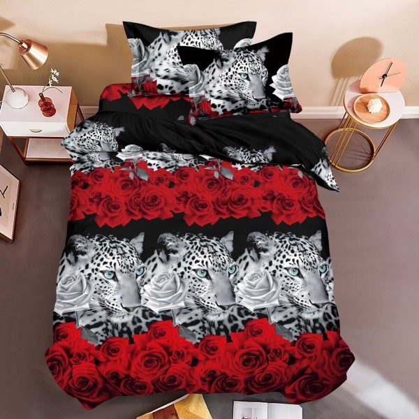 Lenjerie pat 1 PERSOANA, 3 piese, IMPRIMEU 3D Multiplicat, Microfibra, Negru-Rosu, trandafiri, leoparzi [1]