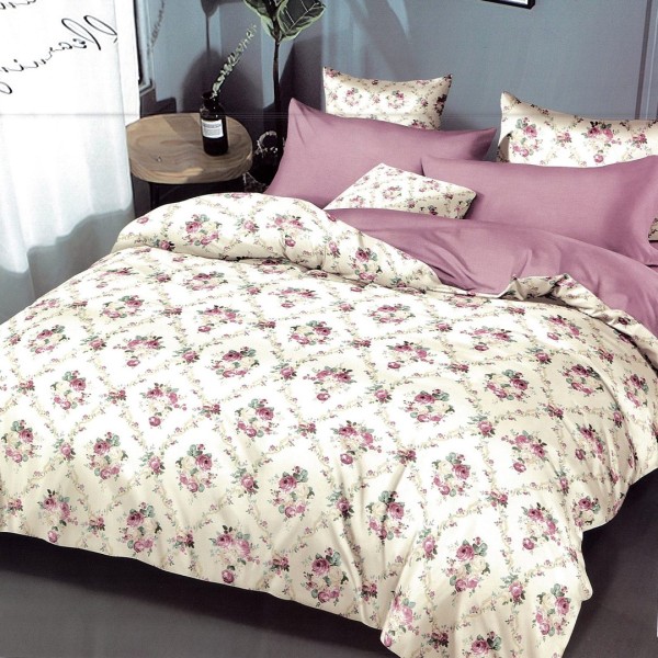 Lenjerie pat dublu,  FINET, 6 piese, Bej-Lila, flori [1]