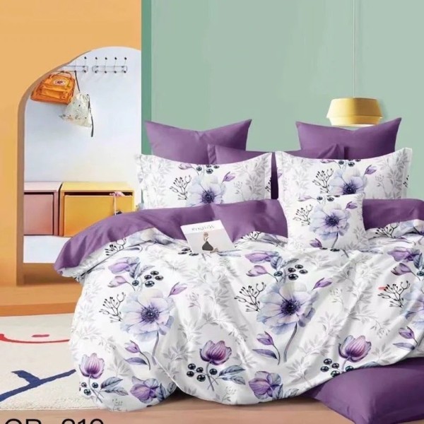 Lenjerie pat dublu,  FINET, cu elastic, 6 piese, Alb, Lila, Flori [1]
