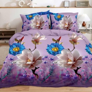 Lenjerie pat dublu (140x200cm, 160x200cm, 180x200cm), cearsaf clasic, imprimeu 3D, Lila, flori