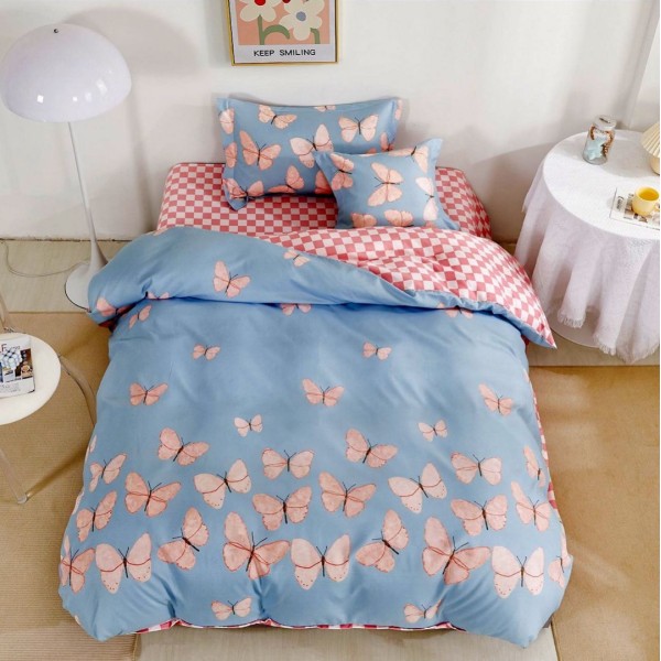 Lenjerie pat 140x200cm,  FINET, 4 piese, cu ELASTIC, Roz-Bleu, fluturi [1]
