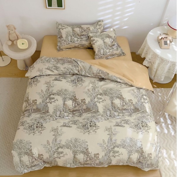 Lenjerie pat 140x200cm,  FINET, 4 piese, cu ELASTIC, Bej, copaci [1]