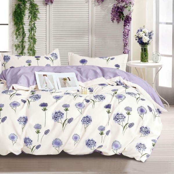 Lenjerie pat 1 PERSOANA, FINET, 4 piese, Bleu, flori [1]