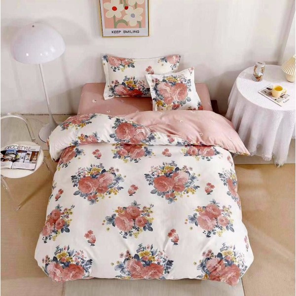 Lenjerie pat 140x200cm,  FINET, 4 piese, cu ELASTIC, Roz pudra, flori [1]