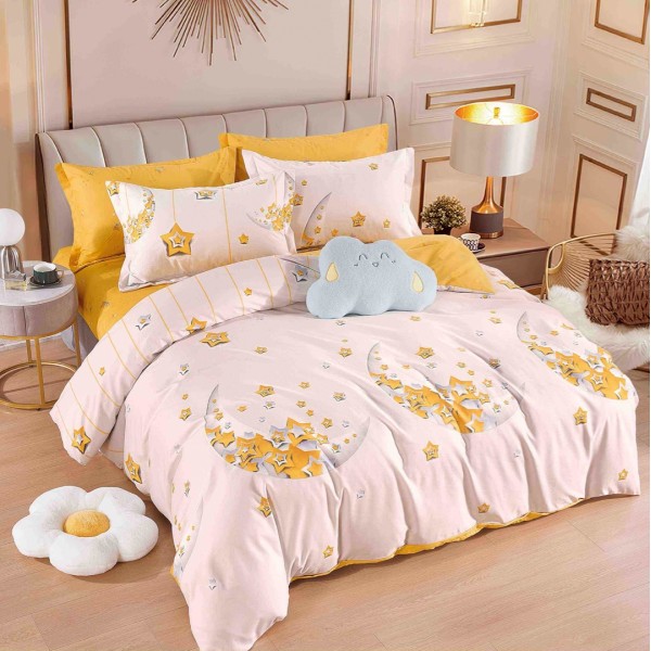 Lenjerie pat dublu,  FINET, 6 piese, cu ELASTIC, Jojo Home, Galben, stelute [1]