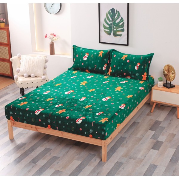 Cearsaf cu elastic CoCoLiNo Polar, 180x200x25cm, 2 fete de perne 50x70cm, Verde, oameni de zăpadă, fulgi de nea [1]