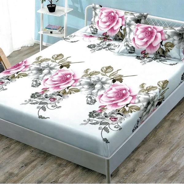 Cearsaf cu elastic, FINET, 180x200cm, 2 fete de perne 50x70cm, Alb-Roz, flori [1]