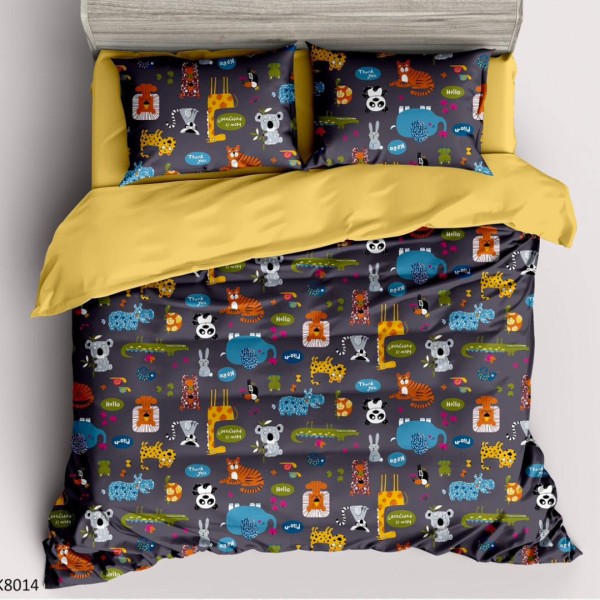 Lenjerie pat Single, BUMBAC 100% Percal, cu 2 Fețe, 4 piese, Bleumarin, Galben, Animale [1]