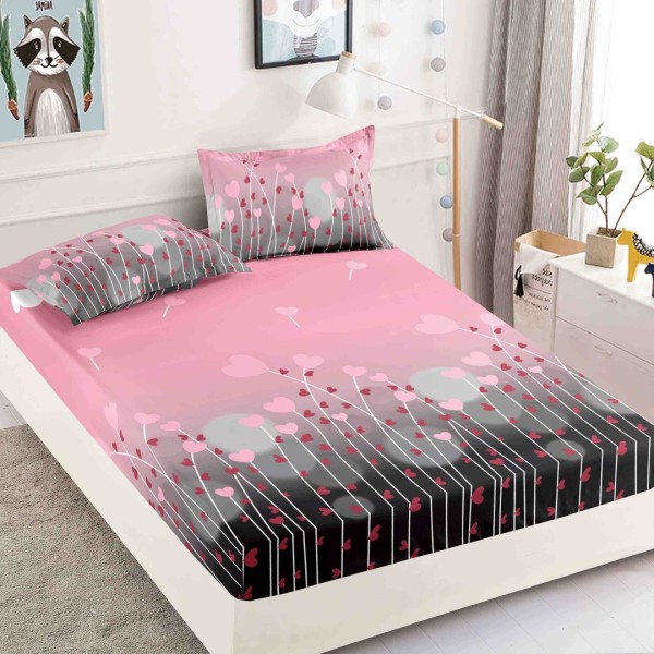 Cearsaf cu elastic, Bumbac FINET, 160/180x200cm, 2 fete de perne 50x70cm, Jojo Home, Gri, inimioare [1]