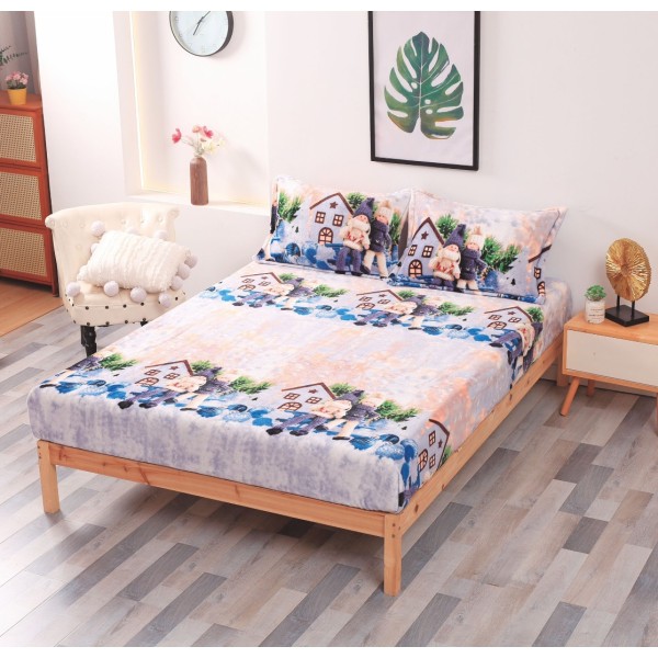 Cearsaf cu elastic CoCoLiNo Polar, 180x200x25cm, 2 fete de perne 50x70cm, Gri, Bleu, casute [1]