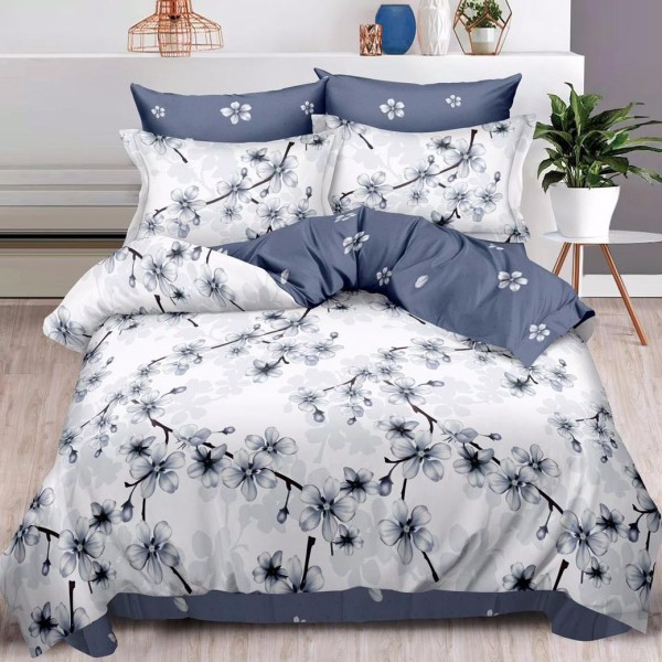 Lenjerie pat dublu (160x200cm, 180x200cm),  FINET, 6 piese, cu ELASTIC, Gri, flori [1]