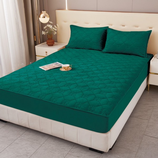 Husă Matlasată Tip Topper din Catifea 180x200cm, cu 2 Fețe de Pernă 50x70cm -  Somn Odihnitor și Susținere pentru Spate, Verde Smarald [1]