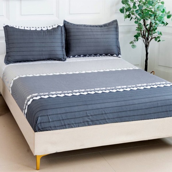 Cearsaf cu elastic, Bumbac Satinat, 160/180x200cm, 2 fete de perne 50x70cm, Gri, dungi, inimioare [1]