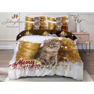 Lenjerie pat dublu,  FINET, Digital Print, Craciun, Gri, Auriu, pisicuță, beteala, cizma