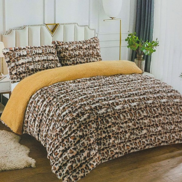 Pilota Groasă cu Fața din Blăniță Artificială de Iepure Dungat și Dos din Blăniță Sherpa, Umplutură Vatelină Siliconică, 200x230 cm + 2 fete de perna 50x70cm - Confort Termic Premium și Eleganță pentru Nopți Racoroase, Bej, Maro, leopard print [1]