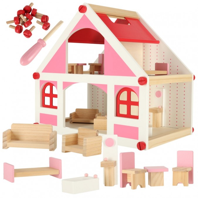 Casa de papusi din lemn cu mobila din lemn alb/roz