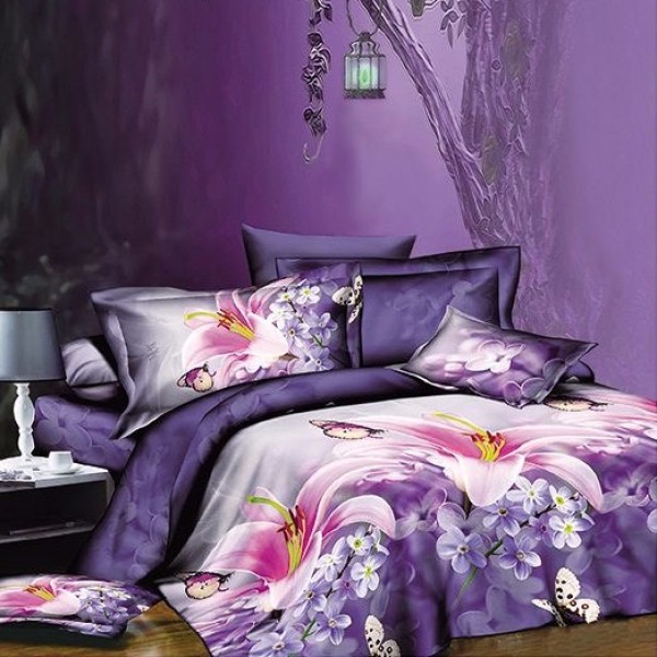 Lenjerie pat dublu (140x200cm, 160x200cm, 180x200cm), cearsaf clasic, imprimeu 3D, Mov, fluturi, flori [1]