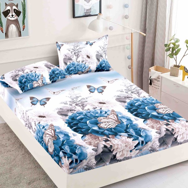 Cearsaf cu elastic, Bumbac FINET, 160/180x200cm, 2 fete de perne 50x70cm, Jojo Home, Albastru, flori, fluturi [1]
