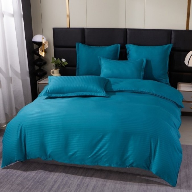 Lenjerie HoReCa DeLuxe  pat dublu  Damasc Finet Satinat Dungat  4 piese  Turquoise