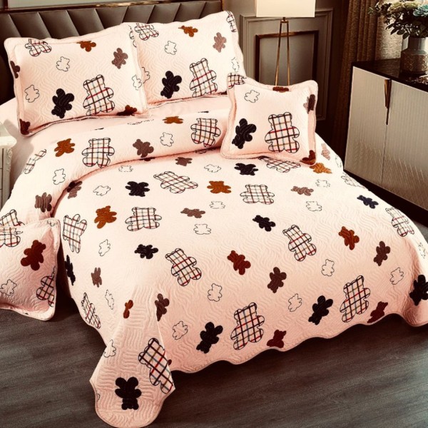 Cuvertura matlasata 230x250cm si 4 fete de perna, Bumbac, Crem, Maro, ursuleti [1]