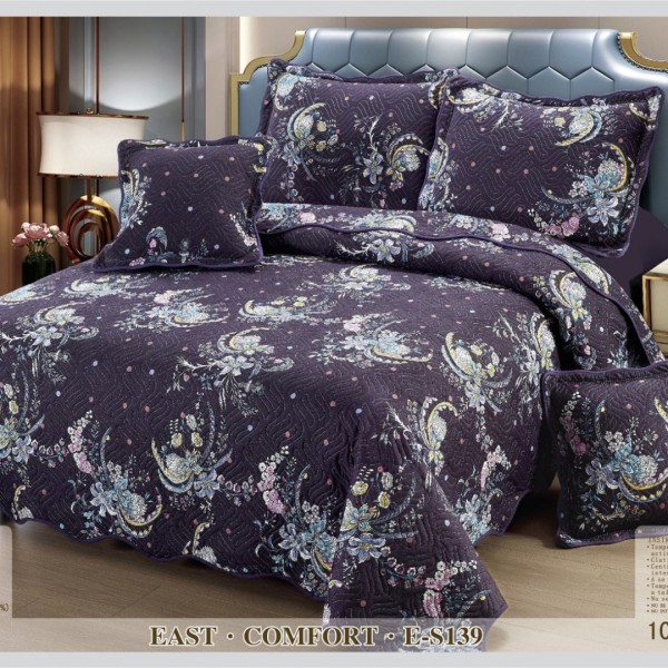 Cuvertura matlasata 230x250cm si 4 fete de perna, Bumbac, Mov, flori [1]