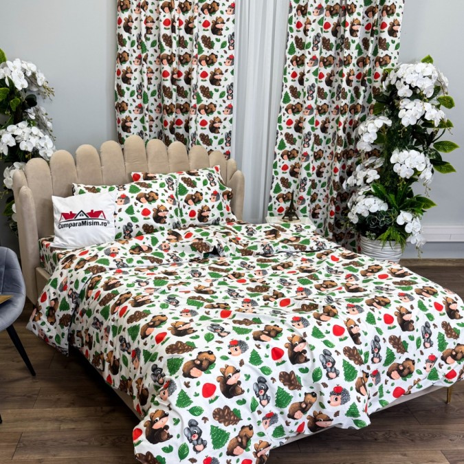 Set Lenjerie Pat Dublu Crăciun 4 Piese + 2 Draperii 150x235cm din Bumbac Ranforsat – Confort și Eleganță, Fabricat în România, Alb, Verde, Maro, Verde, veverite