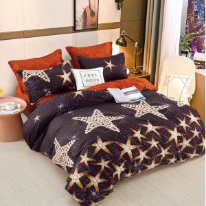 Lenjerie pat dublu (140x200cm, 160x200cm, 180x200cm), bumbac satinat, cearsaf clasic, 4 piese,  Negru, stelute Lenjerie pat dublu (140x200cm, 160x200cm, 180x200cm), bumbac satinat, cearsaf clasic, 4 piese,  Negru, stelute