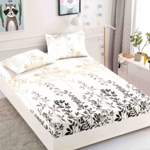 Cearsaf cu elastic, Bumbac FINET, 160/180x200cm, 2 fete de perne 50x70cm, Jojo Home, Crem, frunze