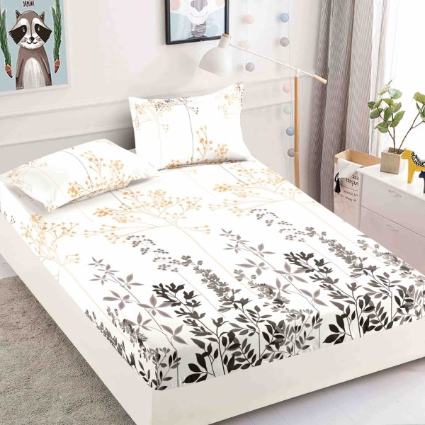 Cearsaf cu elastic, Bumbac FINET, 160/180x200cm, 2 fete de perne 50x70cm, Jojo Home, Crem, frunze [1]