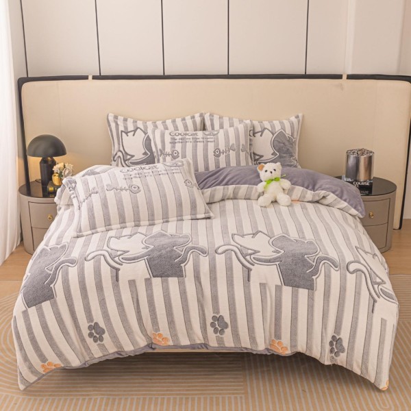 Lenjerie pat 1 PERSOANA, Super Pufoasa COCOLINO, 4 piese, Jojo Home, Gri, Alb, pisicute [1]