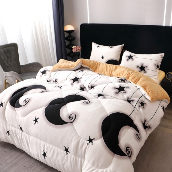  Pilota Cocolino cu blanita 200x230cm si 2 fete de perna 50x70cm, Alb, Negru, steluțe, luna [1]