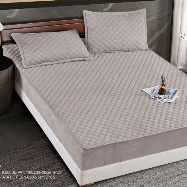 Husă Matlasată Tip Topper din Catifea 160x200cm, cu 2 Fețe de Pernă 50x70cm -  Somn Odihnitor și Susținere pentru Spate, Grej [1]