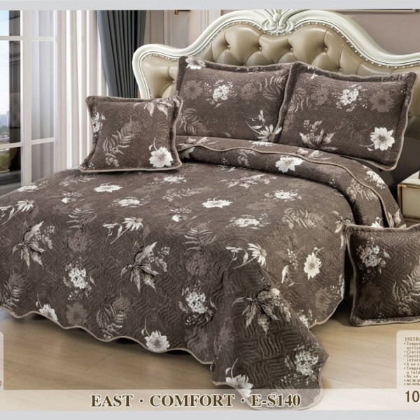 Cuvertura matlasata 230x250cm si 4 fete de perna, Bumbac, Maro, flori [1]