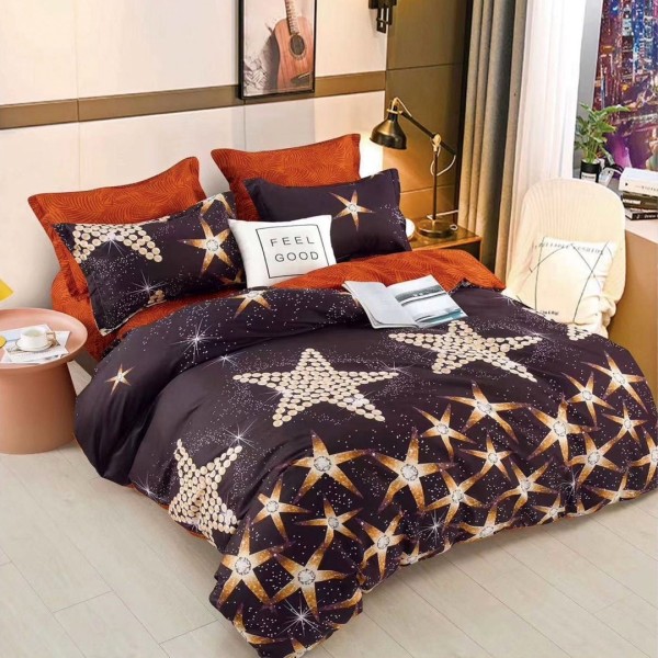 Lenjerie pat 140x200cm, 4 piese, cu ELASTIC,  Negru, stelute [1]