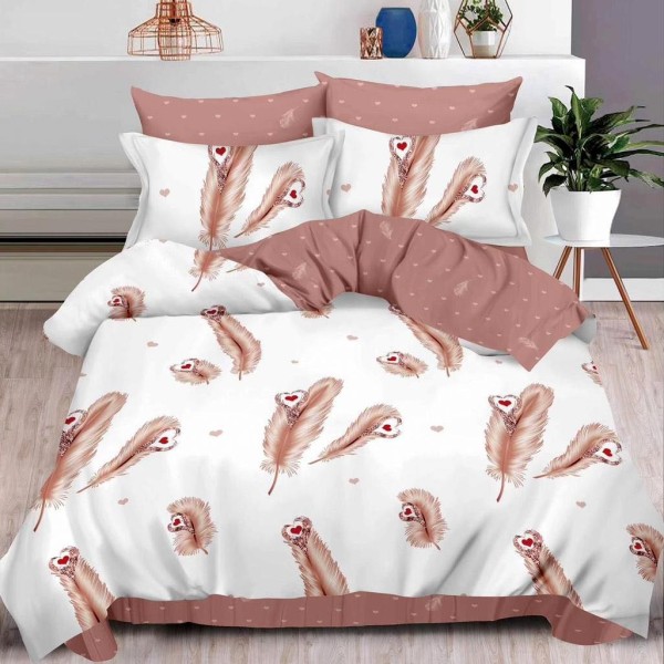 Lenjerie pat dublu (160x200cm, 180x200cm),  FINET, 6 piese, cu ELASTIC, Maro, pene [1]