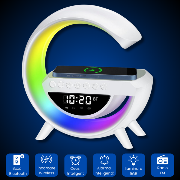 Lampa LED 23,5cm cu Boxa Bluetooth, incarcator Wireless, Lumini RGB Și Ceas Integrat [1]