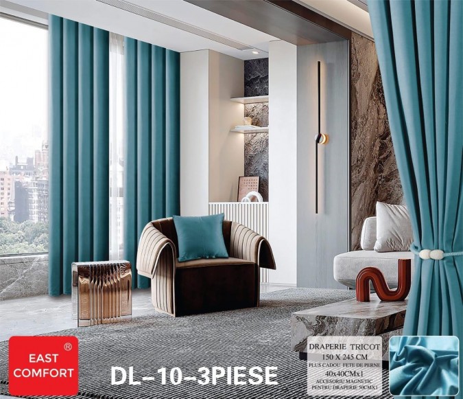 Draperie din Tercot Luxury, cu inele încastrate, East Confort,150x245cm, cu Șnur Magnetic și Față de Pernă Decorativă – Calitate Premium pentru Confortul Tău, Bleu