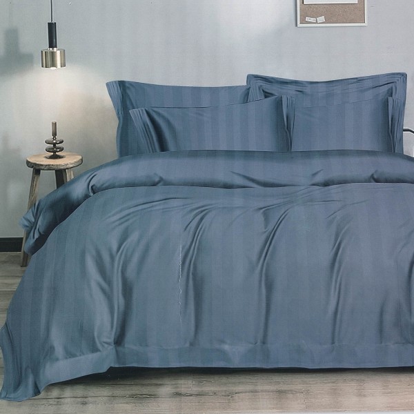 Lenjerie HoReCa DeLuxe, pat dublu, Damasc cu Dunga latã de 3cm, 6 piese, cearșaf cu ELASTIC, Albastru [1]