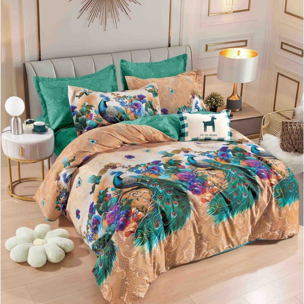 Lenjerie pat dublu,  FINET, 6 piese, cu ELASTIC, Jojo Home, Verde, pauni [1]