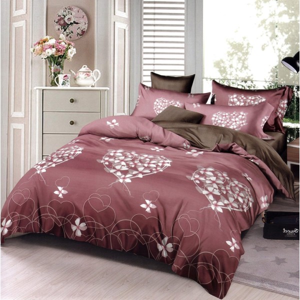 Lenjerie pat dublu,  FINET, 6 piese, Purpuriu, floricele, inimioare [1]