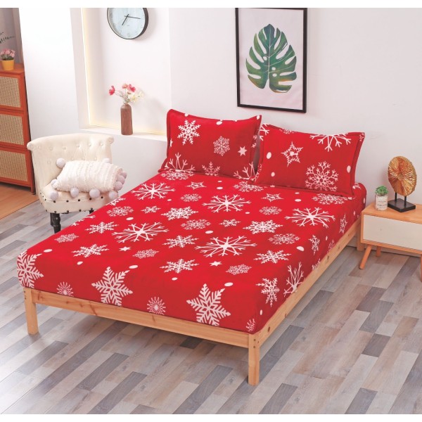 Cearsaf cu elastic CoCoLiNo Polar, 180x200x25cm, 2 fete de perne 50x70cm, Rosu, Alb, fulgi de nea [1]