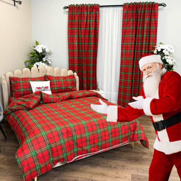 Set Lenjerie Pat Dublu Crăciun 4 Piese + 2 Draperii 150x235cm din Bumbac Ranforsat – Confort și Eleganță, Fabricat în România,Roșu, Verde, Carouri [1]