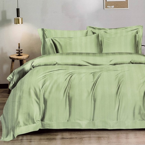 Lenjerie HoReCa DeLuxe, pat dublu, Damasc cu Dunga latã de 3cm, 6 piese, cearșaf cu ELASTIC, Vernil [1]