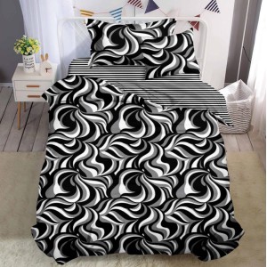 Lenjerie pat 140x200cm,  FINET, 4 piese, cu ELASTIC, Gri-Negru, abstract
