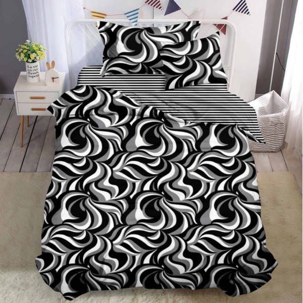 Lenjerie pat 140x200cm,  FINET, 4 piese, cu ELASTIC, Gri-Negru, abstract [1]